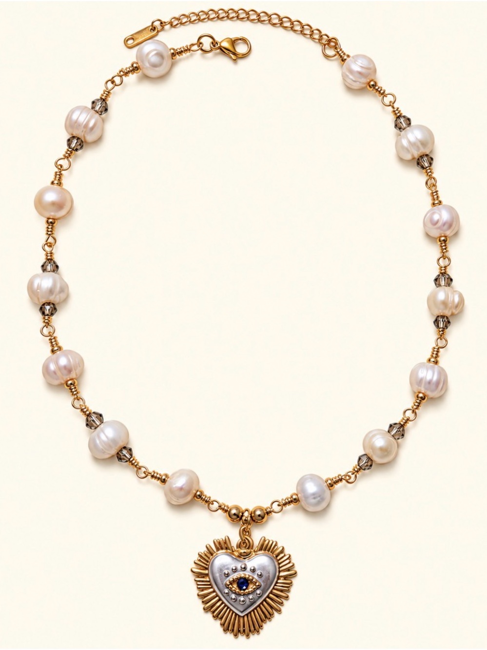 Gold Pearl Necklace with Heart Pendant and Blue Accent